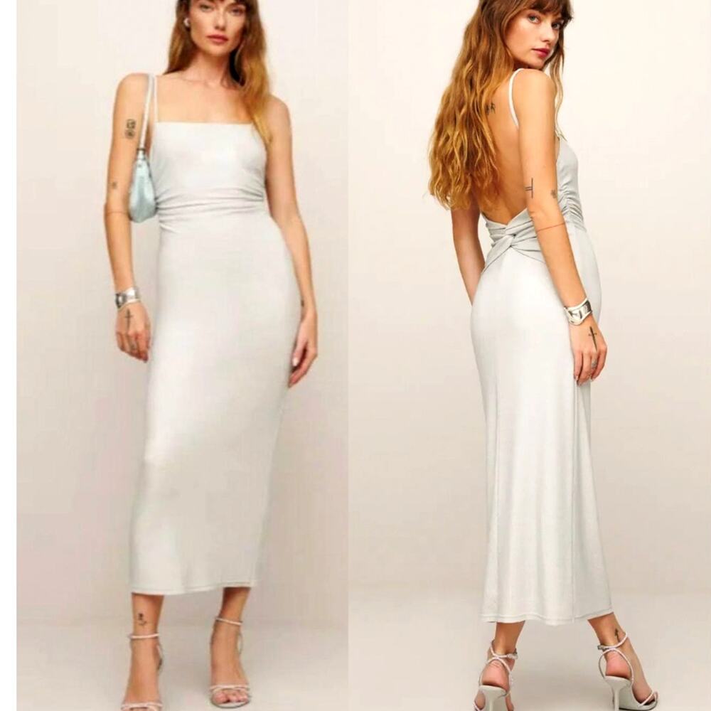Reformation L Breslin Stretch Silver Metallic Knit Midi Dress $198 Low Back NWT
